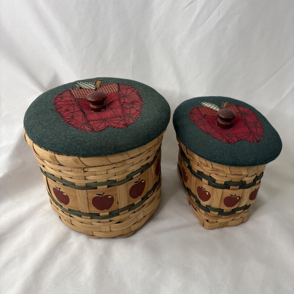 Vtg Cottagecore Woven Wood Apple Baskets w Fabric Patchwork Lids Set Of 2 Rustic